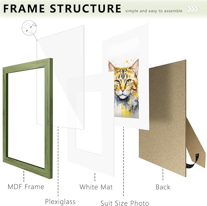 Picrit 8x10 Picture Frame Set of 12, Display 5x7 with Mat or 8x10 without Mat, Photo Frames for Wall Mounting or Table Top Display, Green Wood Grain