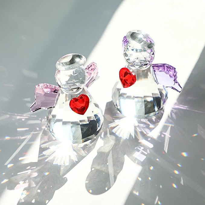 HDCRYSTALGIFTS Set 2 Crystal Guardian Angel Figurines Collectibles,2.5'' Glass Angel Ornaments for Galentines/Valentine’s Day Home Dollhouse Statues Decor Gifts for Women