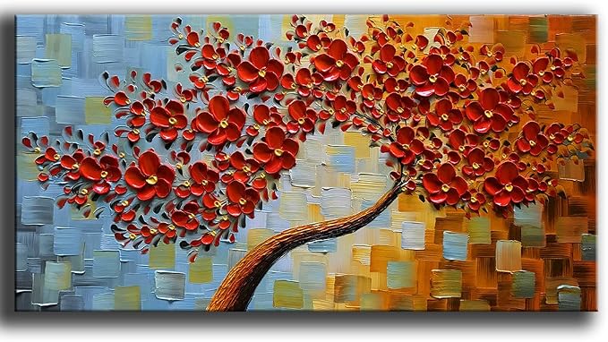 YaSheng Art -handpainted Modern Wall Art ,3D Texture Flowers Artwork Oil Painting, Abstract Canvas Wall Art Red Tree Paintings, Modern Home Wall Art for living room Bedroom Dining Room Office Wall Decor 24x48inch