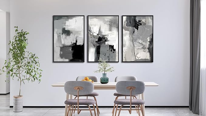 Large Framed Canvas Wall Art - Retro Grey Graffiti Pictures for Living Room Rustic Abstract Wall Decor Vintage Prints for Bedroom Dinning Room Black Float Framed 24" X 36" X 3 pcs