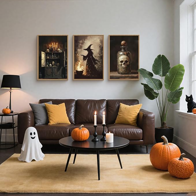HPNIUB Halloween Witch Framed Canvas Wall Art Set, Terrifying Skeleton Poster Artwork, Vintage Halloween Wall Decor, Dark Academia Gothic Pictures for Bedroom Living Room Bathroom Party-24 x36 x3