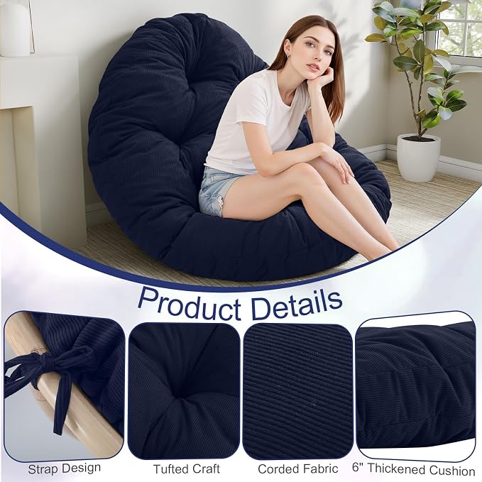 idee-home Papasan Chair Cushion, Circle Papasan Chair Cushion(Cushion Only) | Papasan Cushion with Thick Corduroy Cover, 52 x 52 Inch Cushion for Egg Chair, Navy