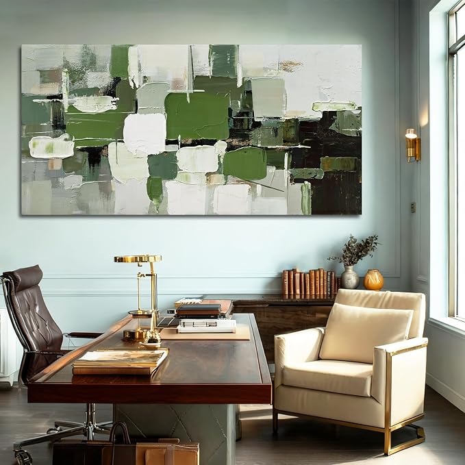 ZUNARE Contemporary Abstract Canvas Wall Art Geometric Block Print in Green White Black and Gray, Minimal Modern Artwork for Living Room Bedroom Office Kitchen 29"x58"