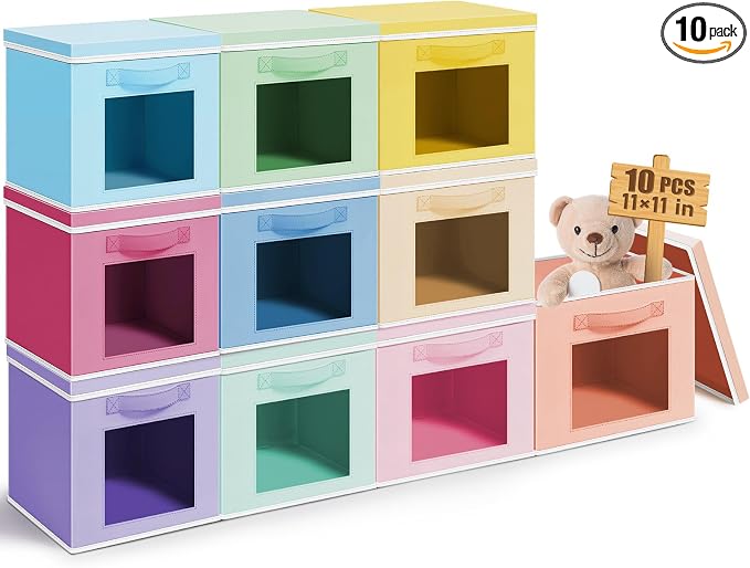 Threehoney 10 Pcs Fabric Storage Cubes with Lids and Clear Windows 11x11 Inch Foldable Closet Organizer Bins Aesthetic Pastel Storage Bins for Shelves Dorm Essentials Craft & Office Organization
