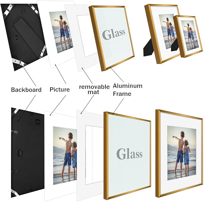 Golden State Art, Aluminum Gallery Wall Frame Set of 7 - Includes One 11x14, Two 8x10, and Four 5x7 - Metal Frames with Mat & Real Glass Cover for Elegant Home or Office Decor (Style 2, Bronze)