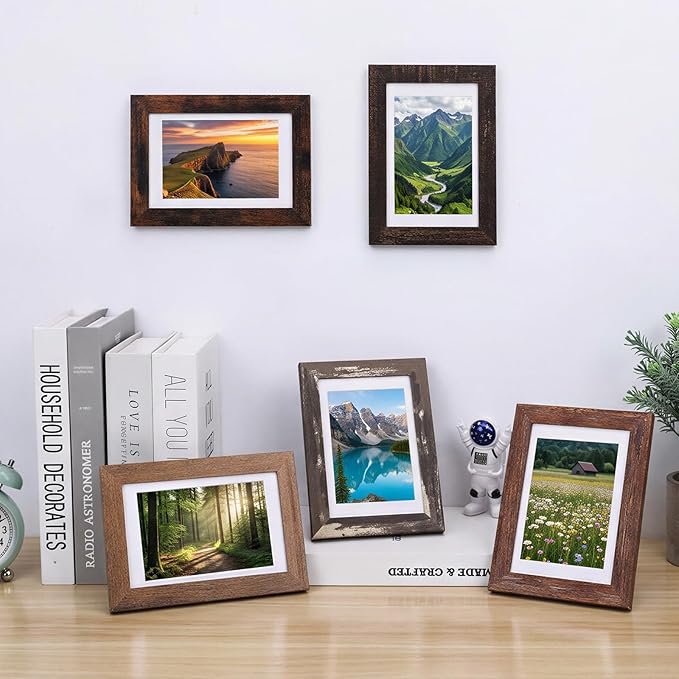 Fixwal 4x6 Rustic Picture Frames Set of 5, Vintage Distressed Photo Frames with Tempered Glass, Decorative Art for Wall Hanging and Tabletop Placement, Display 3.5x5 with Mat or 4x6 Without Mat