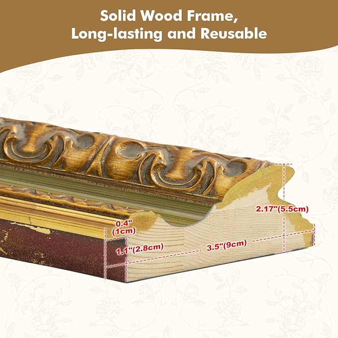 Antique Wood Frame for 16x20 Canvas Paintings, No Glass & Backing, 3.5” Extra Wide DIY Vintage Plein Air Frames For Baroque Victorian Wall Art Prints Class Artwork Designer (Green Gold)