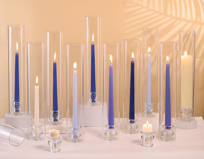 Volens Hurricane Glass Candle Holders Bulk- Set of 24 Candlestick Holders for Taper Candles with Windproof Cylinder Covers 14" Tall Clear Glass Chimney Cover for Wedding Table Centerpiece