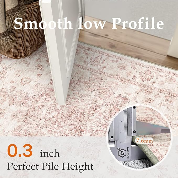 2x6 Washable Neutral Runner Rug Pink Vintage Hallway Kitchen Carpet Non-Slip Soft Low Pile Farmhouse Throw Rug for Bedroom Bathroom Laundry Living Room