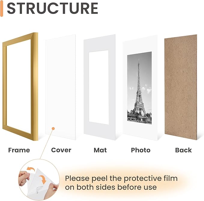 upsimples 12x16 Picture Frame Set of 5, Display Pictures 8.5x11 with Mat or 12 x 16 Without, Wall Gallery Poster Frames, Gold