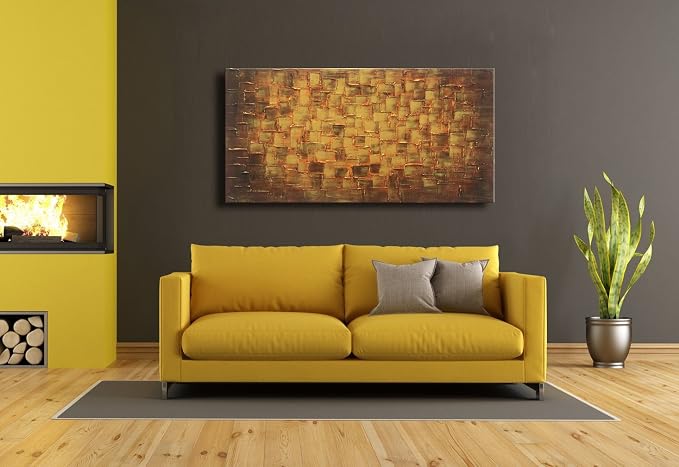 MyArton Large Abstract Golden Yellow Square Wall Art Hand Painted Textured Oil Painting on Canvas Ready to Hang 60x30inch