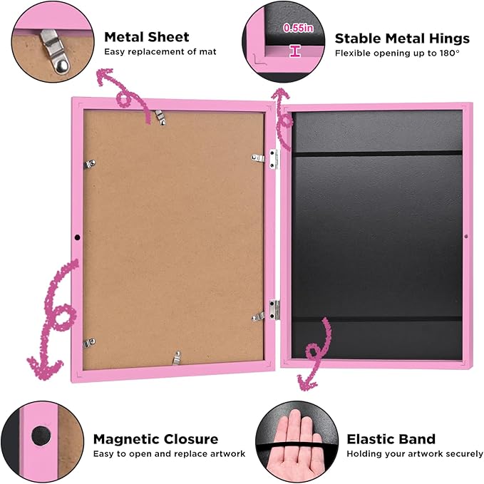 KINLINK 9x12 Kids Art Frame Set of 2, Solid Wood Kids Artwork Frames Changeable with Front Opening Hold 150 Pictures, Art Frames for Kids Art with Mat，without Mat 9x12 Picture Frame Pink