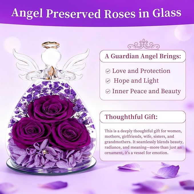 Gifts for Women Mom Preserved Rose Forever Flower Eternal Roses in Glass Angel Figurines Fresh Flowers for Delivery Prime Mothers Day Birthday Gift for Her Wife Grandma on Valentines Day Anniversary