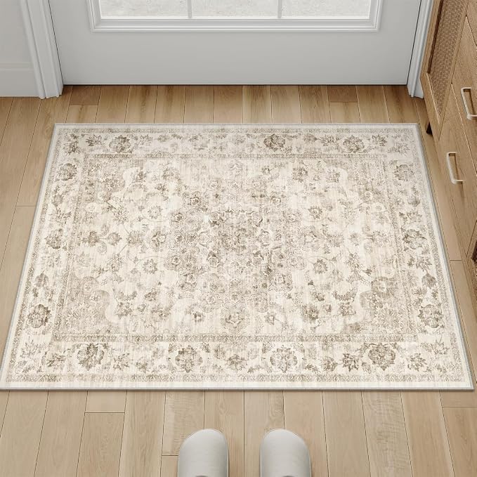 2x3 Washable Neutral Area Rug Beige Vintage Entryway Kitchen Carpet Non-Slip Soft Low Pile Farmhouse Indoor Small Throw Rug for Bedroom Bathroom Entrance