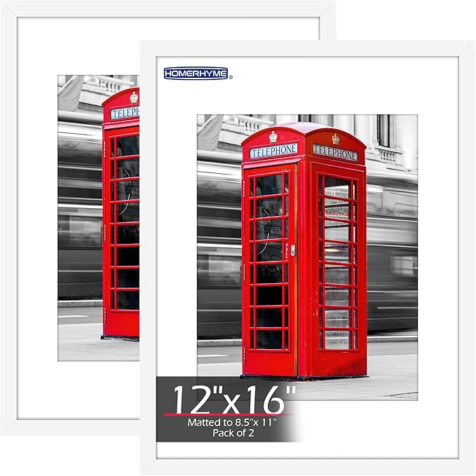 12x16 Picture Frame, 12 x 16 White Frame with HD Plexiglass, Display Pictures 8.5x11 with Mat or 12x16 Without, Wall Hanging Photo Frame Poster Frames for Home Office Gallery Decor, 2 Pack