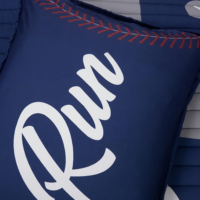 Lush Decor Baseball Game Reversible Quilt Twin Size 4 Piece Set Navy & Gray - Toddler Bedding Set Twin Quilt - Sports Bedroom Decor - Baseball Bedding