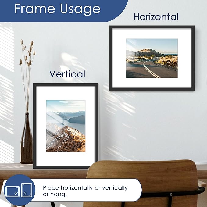 PEALSN 12x16 Picture Frame Set of 6, Display Pictures 8.5 x 11 with Mat or 12 x 16 without Mat for Wall Mounting Display, Photo Frames Collage for Wall Decor, Black.