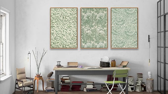 Large Flowers Wall Art for Living Room Natural Wood Float Framed Art Set of 3 William Morris Floral Canvas Pictures Vintage Artwork Green Botanical Leaf Canvas Prints for Bedroom Wall Decor 24"X36"X3