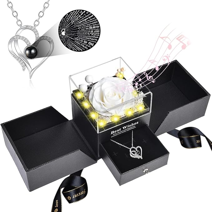 Pasuvsigt Mothers Day Mom Birthday Gifts for Women, Preserved Real Rose with I Love You Heart 100-Language Necklace, LED Lights & Music Box, Anniversary for Women Girlfriend Mom