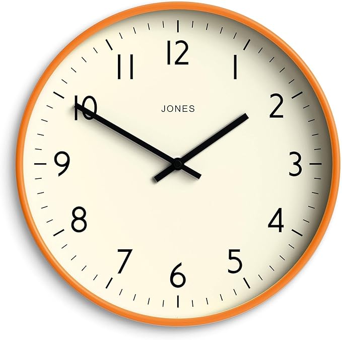 JONES CLOCKS® Studio wall Clock | Modern Round Style | 12 inch | Orange | Easy to Read Numbers | Versatile Design for Kitchen, Living Room or Office