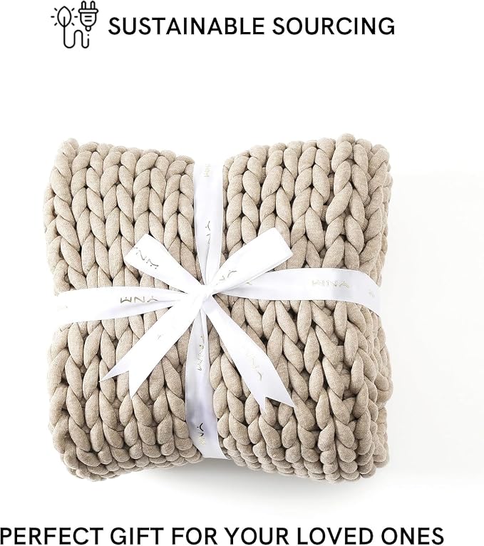 YnM Chunky Throw Blanket, Medium-Weight, Hand Knitted, Skin Friendly, Ventilated and Breathable, Machine Washable, Home Décor Piece for Couch, Sofa and Bed (Beige, 50x70 Inch)