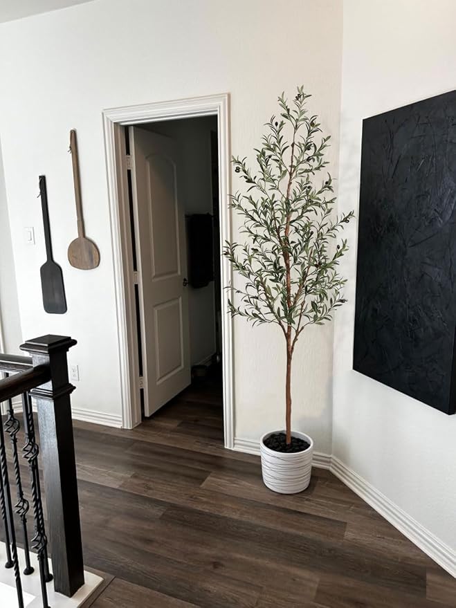 Aveyas 7ft Artificial Olive Tree for Home Decor, 7 Feet Large Faux Plant Fake Skinny Silk Trees with Black Olivo for Indoor Outdoor House Living Room Office (7 ft Tall)