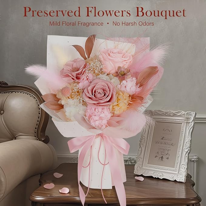 Preserved Bouquet of Flowers - Real Roses & Flowers for Delivery, Long-Lasting Dusty Pink Forever Camellia Flowers, Mothers Day Gifts for Mom Grandma Wife, Anniversary Birthday Gifts for Women