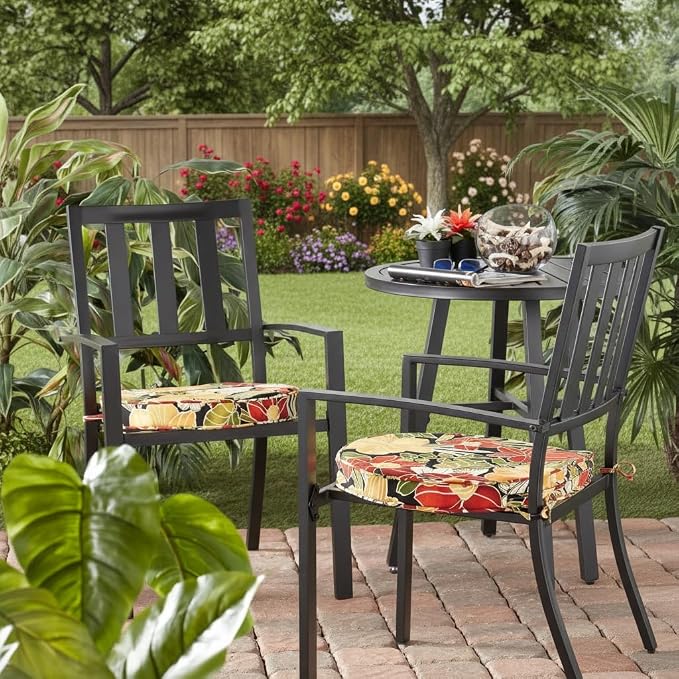 Set of 2 Outdoor 18 inch Round Patio Dining Chair Pads – Comfortable Fiber-Filled Seat Cushions with Ties, Reversible Polyester Fabric, Aloha Black Floral