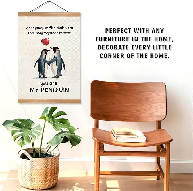 Penguin Love Canvas Wall Art, Romantic Couple Poster with Wooden Frame, Hanging Home Decor,Cute Penguins Poster Gifts for Wife,Husband,Boyfriend and Girlfriend,or Valentine's Day Gift 12x16inches