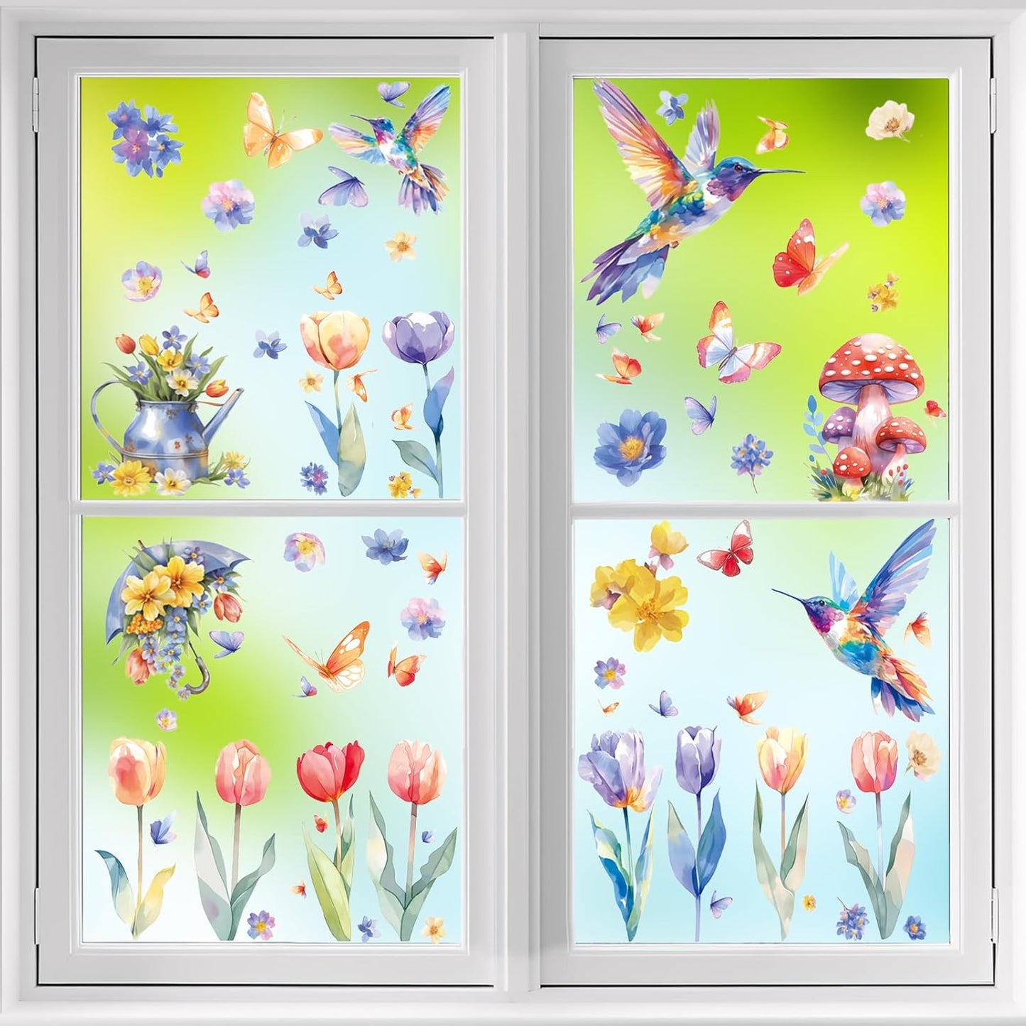DC-BEAUTIFUL 116 PCS Spring Window Clings, 9 Sheets Double-Sided Hummingbird Butterfly Flower Easter Window Stickers, Reusable Static Floral Window Decals for Home School Office Party Decors