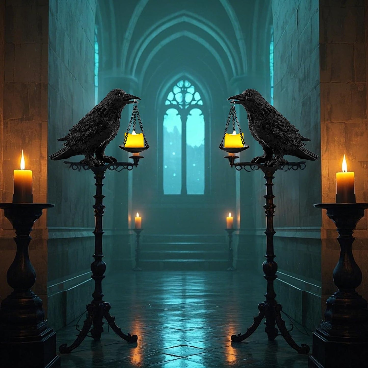 Raven Gothic Home Decor Fake Crow Light Holder Raven Lamp Tealight Candle Holder Resin Raven Statue 2PCS