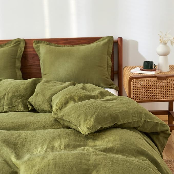 Simple&Opulence 100% Linen Pillow Case Queen Size Set of 2, Olive Green Pillow Covers with Overlap Closure, Luxury Breathable Pillowcases Protectors Suitable for All-Season (20" X 26", Olive Green)