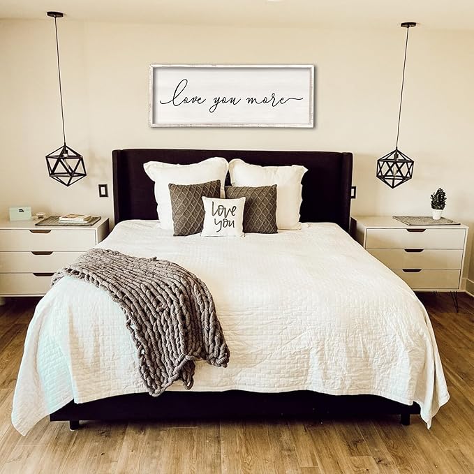 Love You More Sign Wall Decor 40''×15'' Large Vintage Framed Wood Modern Farmhouse Wall Decor for Master Bedroom Above Over Bed Minimalist Wall Art Hanging (White)