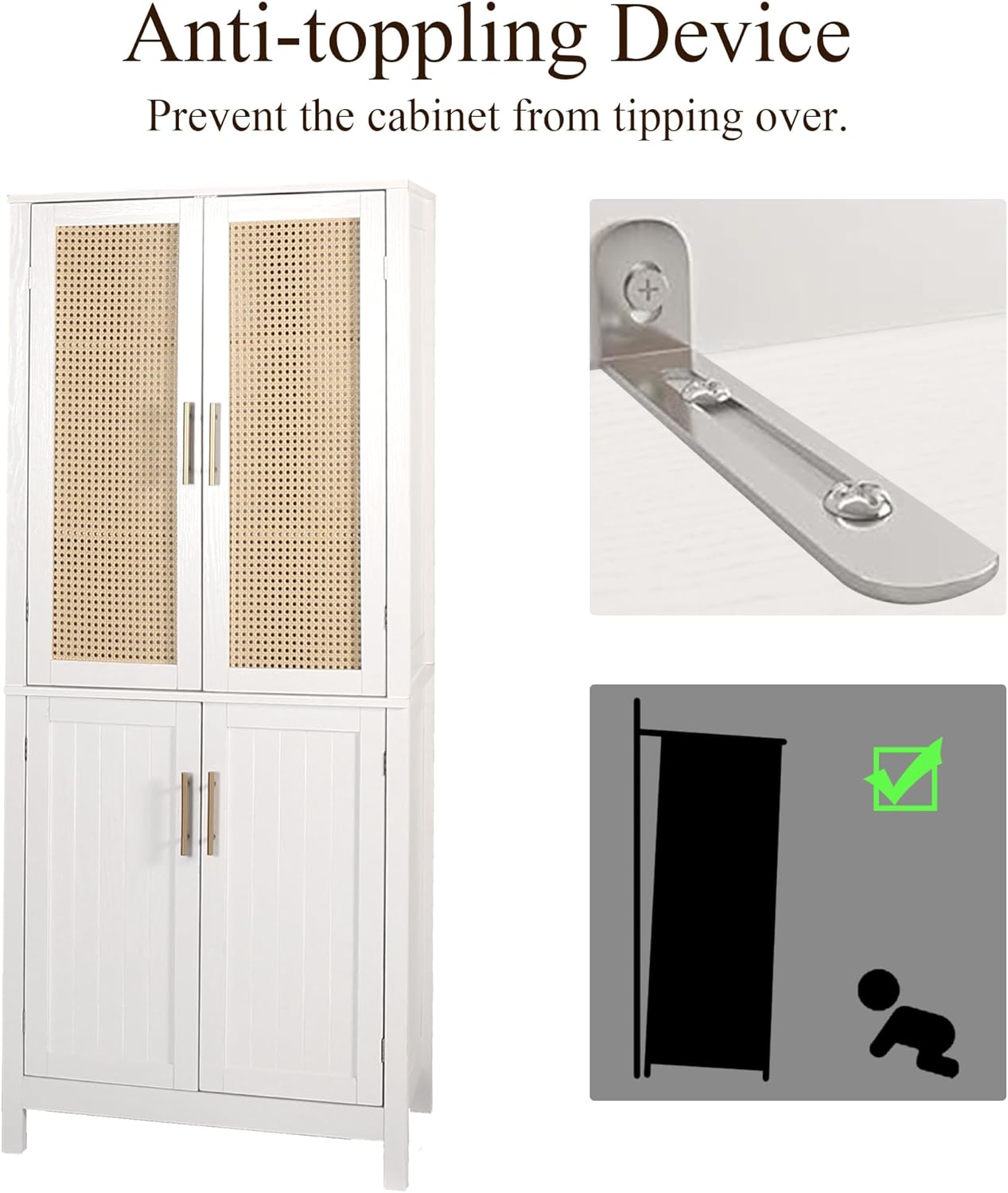 MISHAO 71" Kitchen Pantry Storage Cabinet, Tall Storage Cabinet with Rattan Doors & Adjustable Shelves, Freestanding Cupboard Wood Pantry for Kitchen, Living Room, Dining Room Hallway, White