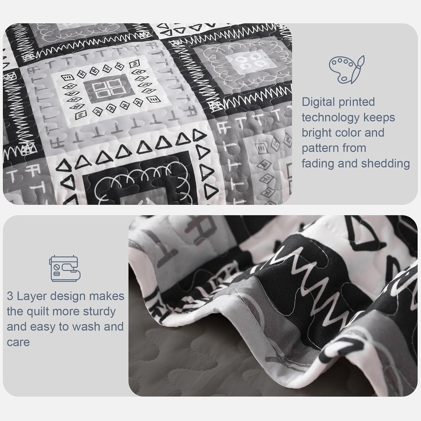 Exclusivo Mezcla Reversible Boho Quilt Set Twin Size, 2 Pieces Patchwork Black All Season Bedspreads, Ultra Soft Floral Coverlet Bedding Set with Printed Pattern (1 Quilt, 1 Pillow Sham)