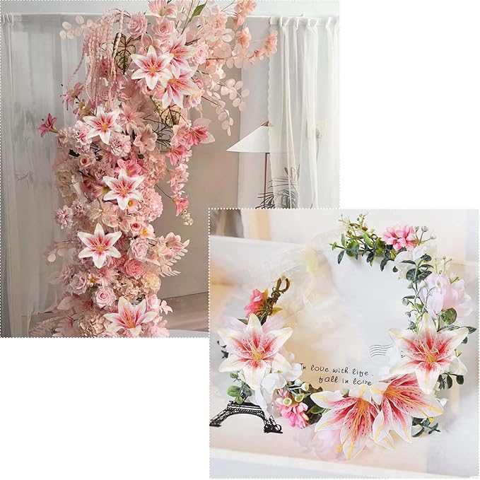 SNAIL GARDEN 24PCS 5.5" Large Fake Lilies Flower Heads with Realistic Stamens,24PCS Pink Artificial Flower Heads, Bulk Silk Flowers for Crafts, Cake Decorating, Wedding Party Wreath, Home Decor