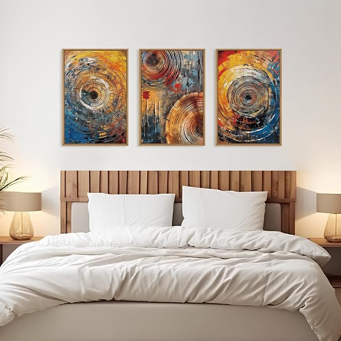 Large Colorful Tree Ring Framed Canvas Wall Art,Modern Tree Stump Wall Decor,Abstract Wood Grain Artwork,Neutral Botanical Annual Ring Art Print for Living Room,Bedroom,Office- 24"x36"x3