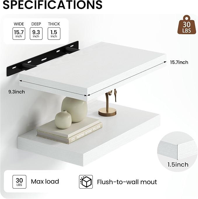 Heimlove 16 inchs Floating Shelves for Wall Set of 2,White Shelf for Small Bathroom,Bedroom,Living Room,Kitchen,Modern Home Decor,Rustic Farmhouse Wall Shelves with Invisible Brackets