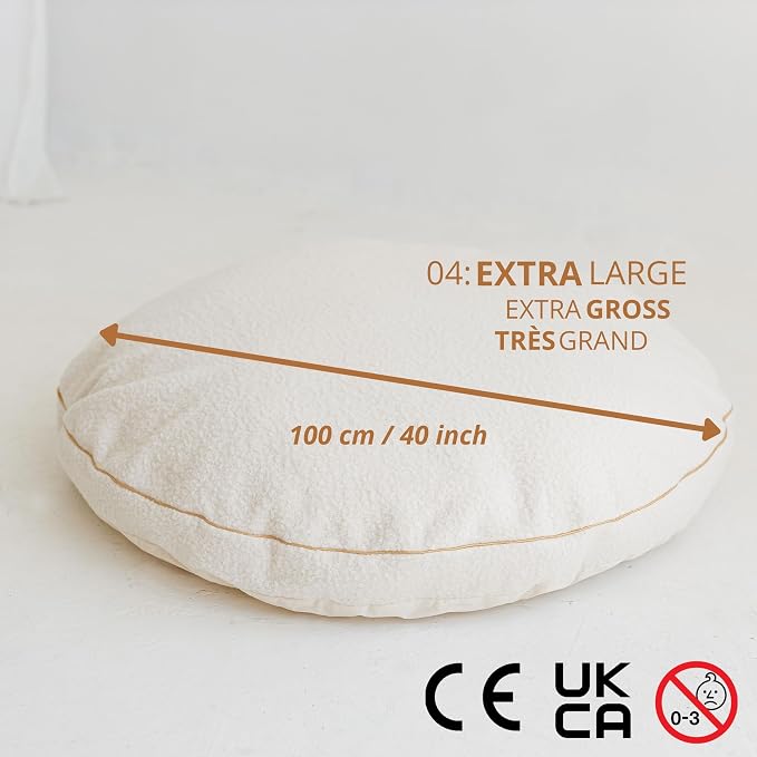 MINICAMP Large Kids Floor Cushion – Ultra Fluffy Washable Bean Bag Chair & Reading Pillow with Boucle Sherpa Cover – Soft Kids Lounger Floor Seat for Playroom, Bedroom or Nursery - Made in EU (Ecru)