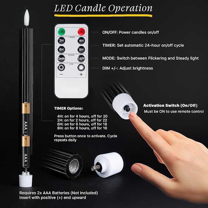 6 Pack, 10" LED Flameless Real Wax Black Fluted Ribbed Grooved Taper Candles, Remote & 24h Timer Memory, On/Off Button, Dimmable, Flicker Mode, Battery Operated, Wedding