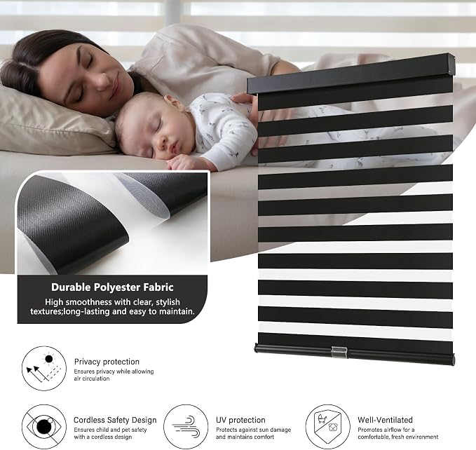 AOSKY Cordless Zebra Blinds for Windows Pull Down Roller Window Shades Dual Layer Light Filtering Privacy for Day and Night, Free-Stop Door Shades for Home Easy to Install (70" W X 72" H，Black)