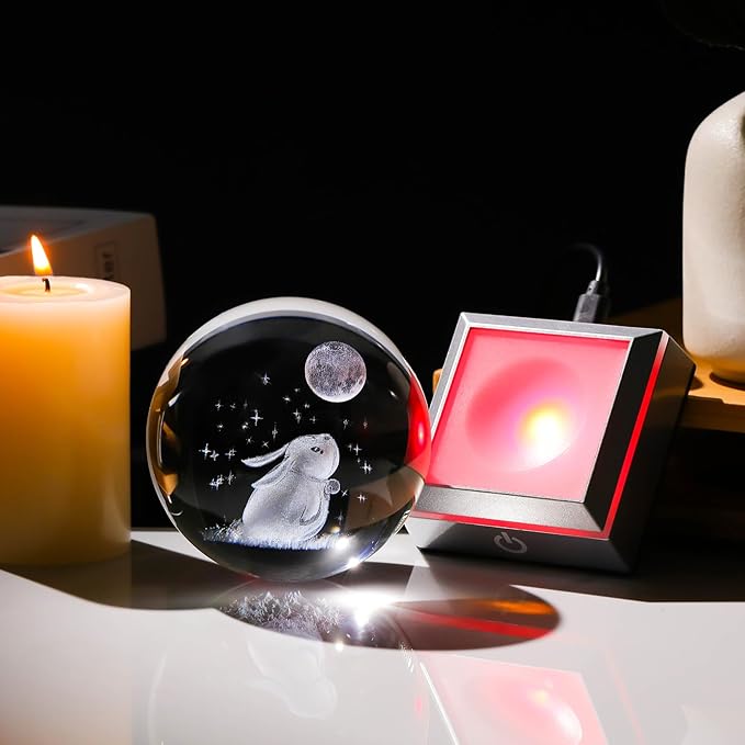 3.15in. Crystal Ball Engraved 3D Rabbit and Moon Stars Figurine Paperweght with LED Light Base, Glass Bunny Sphere Decor Birthday Easter Gifts for Women Boys Girls