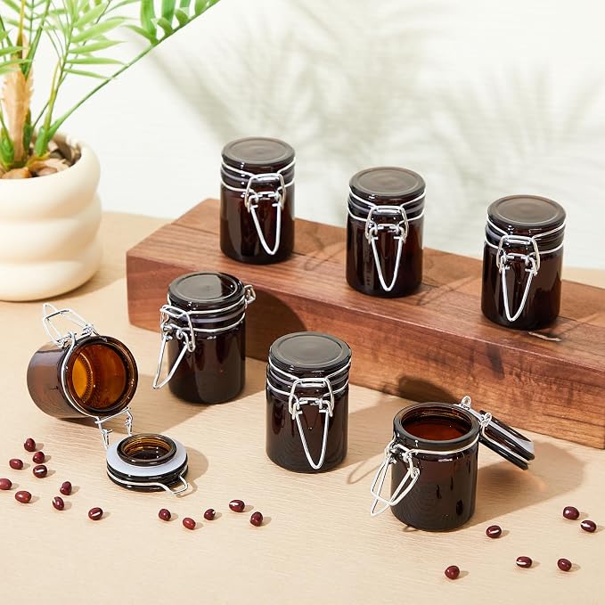 Norme 24 Pack 1.7oz Amber Airtight Mini Glass Jars with Lids, Cylinder Food Storage Container Airtight Food Wire Clip Fastening for Flour Kitchen Sugar Cereal Kitchen Canning Pickling Mason Jars