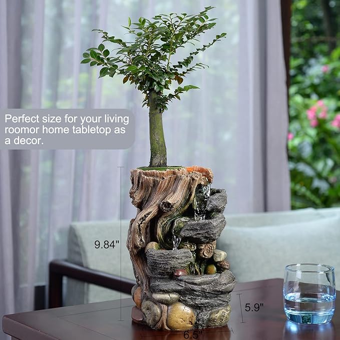 GOSSI Indoor 5-Tier Rockery Tabletop Waterfall Fountain with Auto Watering and Small Plastic Plant Pot, Decorative Home Water Fountain (22021)