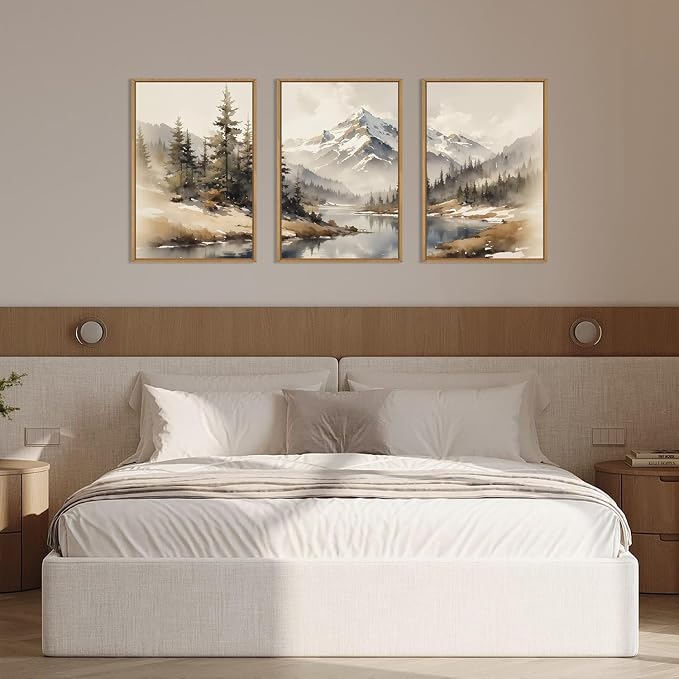 Watercolor Misty Mountain Framed Canvas Wall Art Set, Foggy Pine Tree Wall Decor, Winter Landscape Wall Painting, Nature Snowy Forest Art Print for Living Room, Bedroom, Office -24"X36"X3