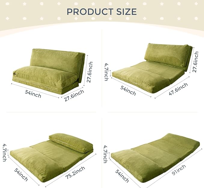 MAXYOYO Folding Sofa Bed, Extra Thick and Long Floor Sofa Convertible Chair with Washable Cover, Floor Couch Lounge Bean Bag Bed for Living Room, Green, 54x91 Inch