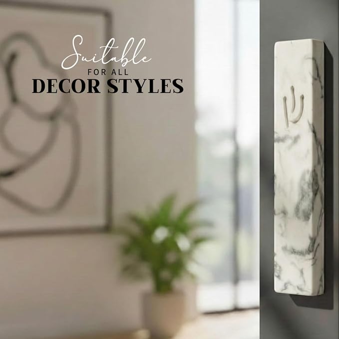 SURI Mezuzah for Door – 6 Inch Marble Cream Concrete Mezuzah Case with Non Kosher Scroll, Self-Stick Jewish Entry Design, Fits a 5 Inch Scroll, Gift Box Included