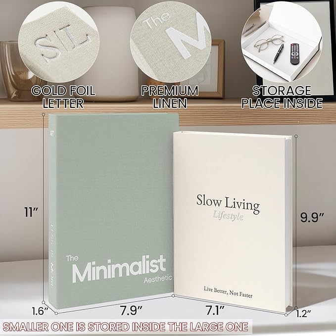 Minimalist Decorative Books - Fake Books Storage Box for Decoration - Set of 2 Linen Coffee Table Decor - Photo Storage Keepsake Box for Room Bookshelf Decor, Sage