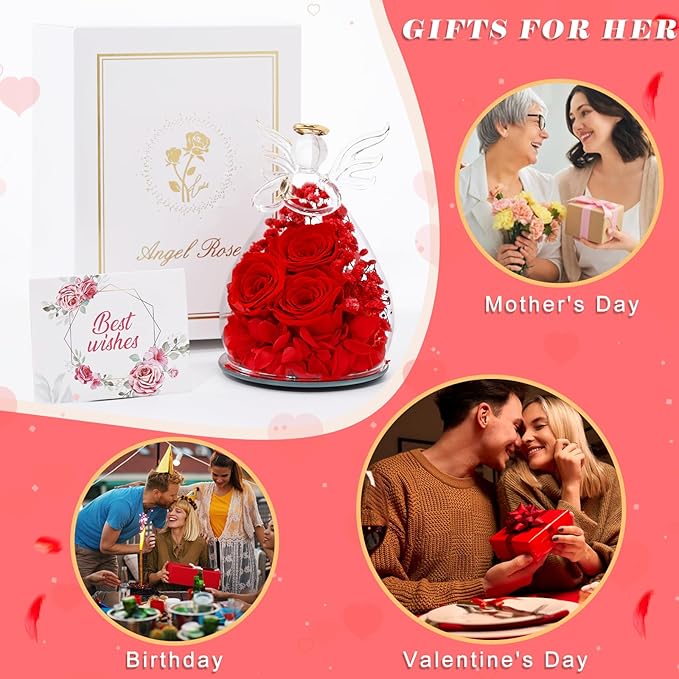 Beferr Mothers Day Mom Birthday Gifts for Women, Fresh Flowers for Delivery Forever Preserved Rose in Glass Angel Figurine, Anniversary Christian Real Rose for Grandma Nana Wife Mum from Daughter Son