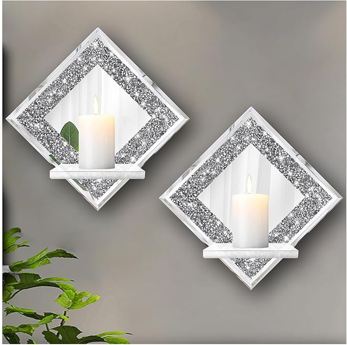 ZOLAPI Crystal Crush Diamond Wall Candle Holder Set of 2, Diamond Silver Mirrored Candle Sconces, Home Wall Decoration for Living Room, Dining Room & Bedroom.